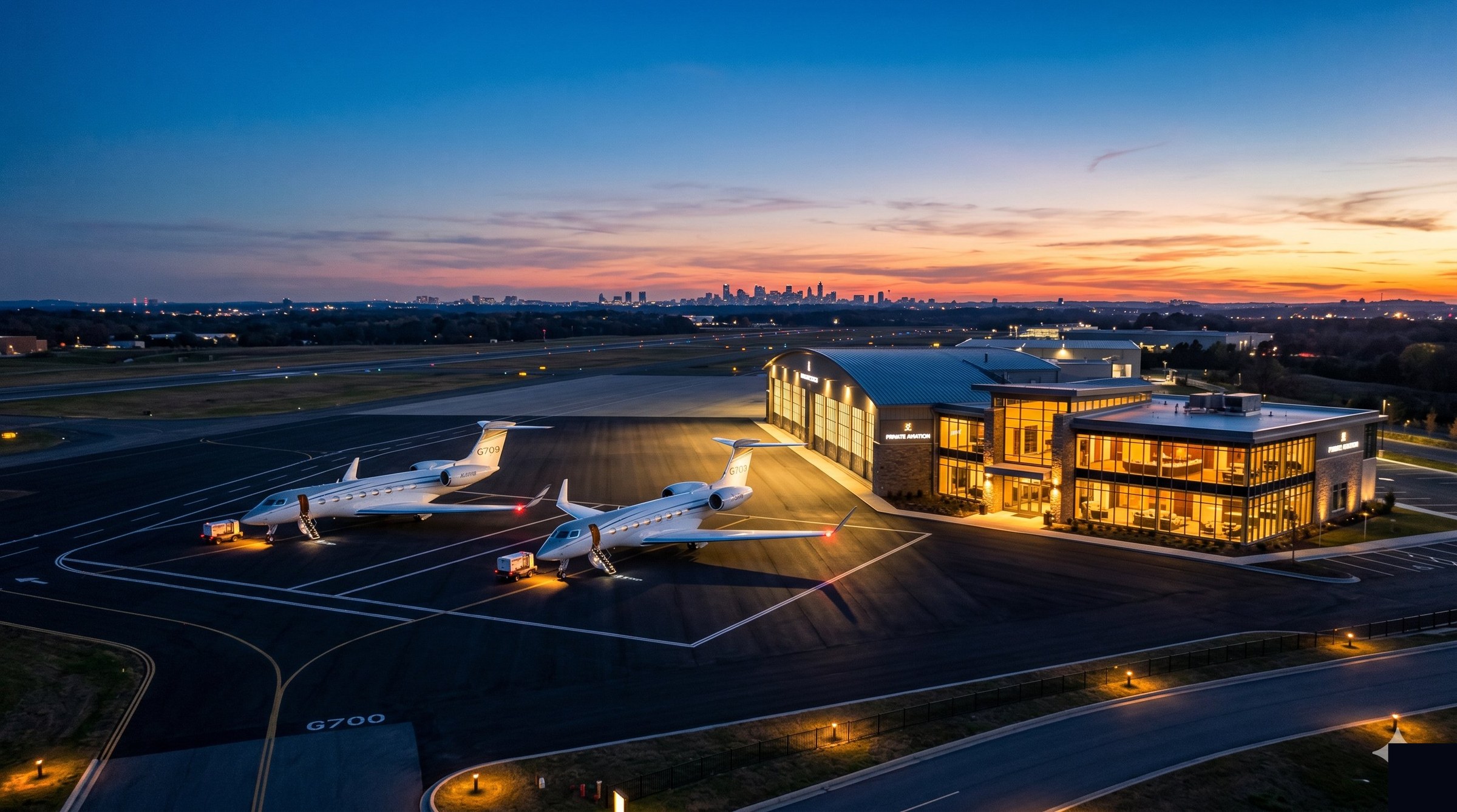 Global Lifestyle OS FBO Hub — Premium private aviation terminal at dusk