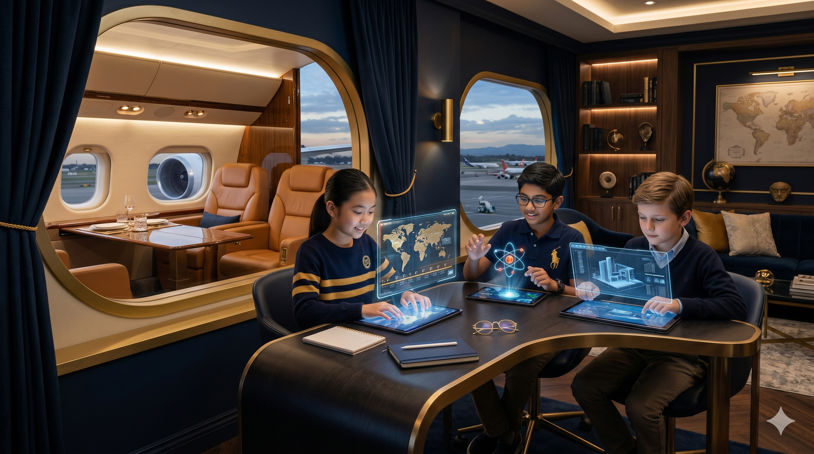 Children of different nationalities studying with AI holographic displays in a luxury FBO lounge, private jet visible in background